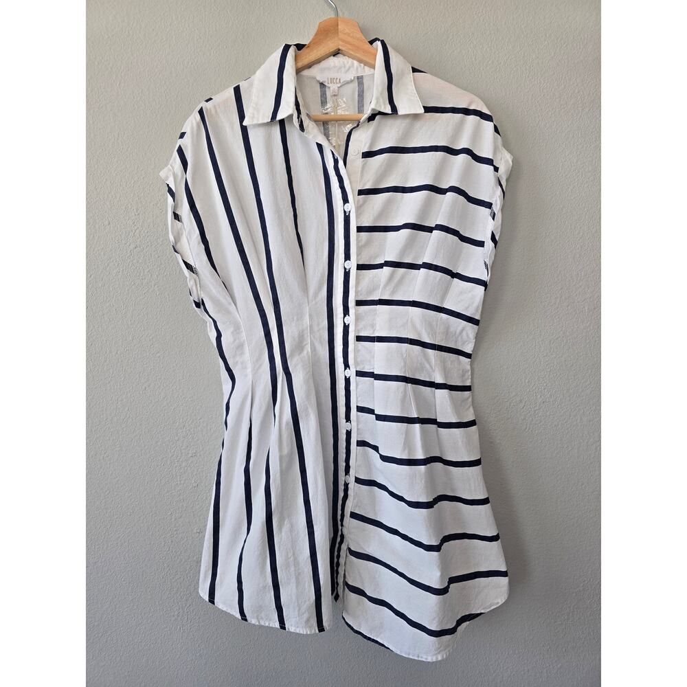 NWT Lucca Striped Button Down Shirt Dress Size S Blue White Lightweight Mini